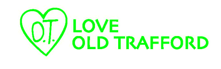A heart-shape outlined in green on a white background contains the letters o and t. Text in the same green says ‘Love Old Trafford.’
